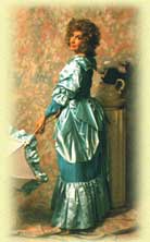 Woman in elegant vintage dress holding a parasol.