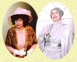 Two women dressed in vintage 1920s-style attire with hats and gloves.